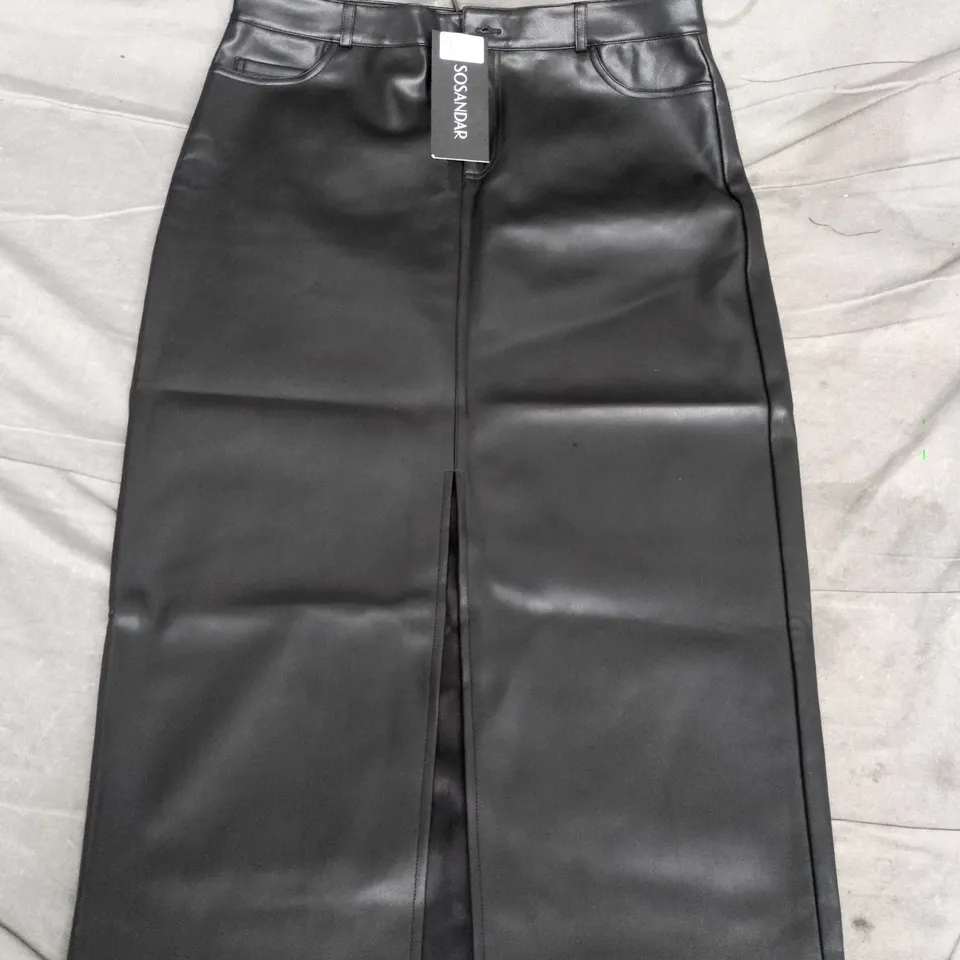 SOSANDER BLACK FAUX LEATHER LONG LINE PENCIL SKIRT WITH SPLIT - SIZE 12