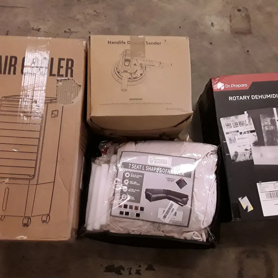PALLET OF ASSORTED PRODUCTS INCLUDING AIR COOLER, HANDIFR DRYWALL SANDER, 7 SEAT L SHAPE SOFA COVER, ROTARY DEHUMIDIFIER, SELECTMIRRORS, OLARHIKE DOUBLE HIGH AIR MATTRESS  