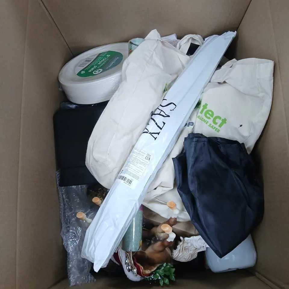 BOX OF APPROXIMATELY 20 ASSORTED ITEMS TO INCLUDE ROUTER, PAPER PLATES, HORSE FIGURE, SET OF PLASTIC MUGS ETC