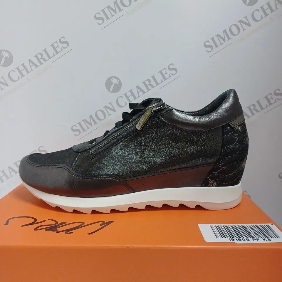 BOXED RUTH LANGSFORD WEDGE TRAINERS, PEWTER - SIZE 8