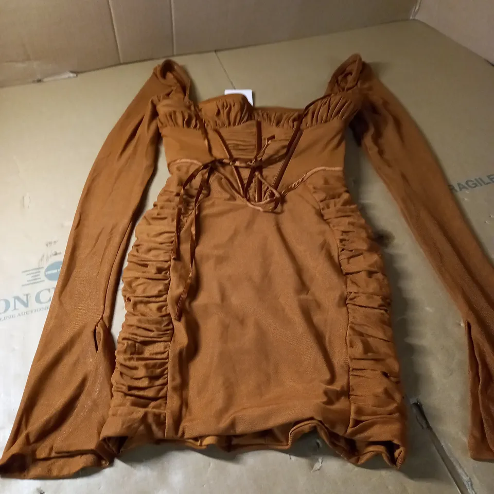 OH POLLY RUCHED DRESS WITH SLEEVES - CARAMEL SIZE 6