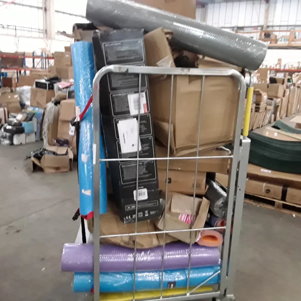 CAGE TO CONTAIN AN ASSORTMENT OF HOUSEHOLD ITEMS TO INCLUDE FOAM ROLLERS, FITNESS STEPPER, METAL BINS AND YOGA MATTS ECT