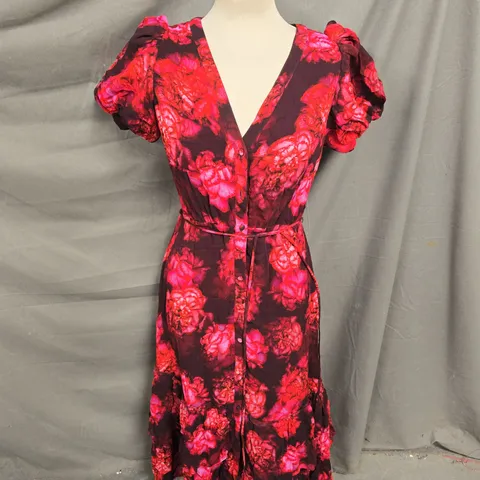 PHASE EIGHT TIE WAIST BUTTON FROND MIDI DRESS IN RED FLORAL MIX SIZE 10