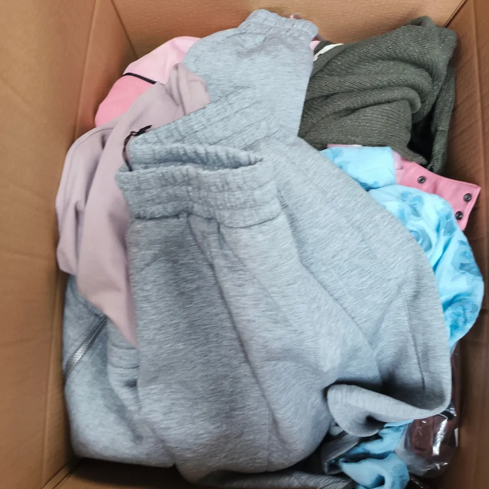 LARGE BOX OF APPROXIMATELY 25 ASSORTED CLOTHING ITEMS IN VARIOUS COLOURS, STYLES AND SIZES - COLLECTION ONLY
