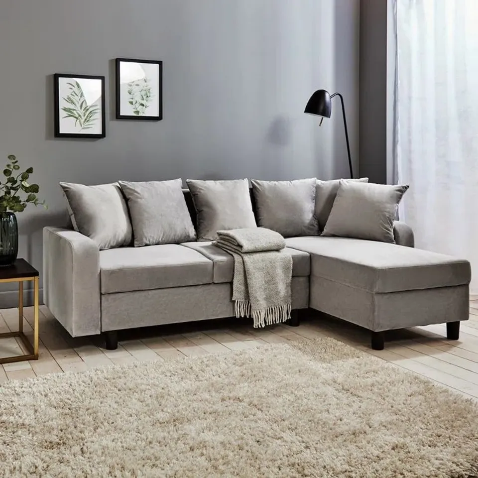 QUALITY DESIGNER MITZI 2-PIECE VELVET SORNER SOFA - LIGHT GREY VELVET (2 BOXES)