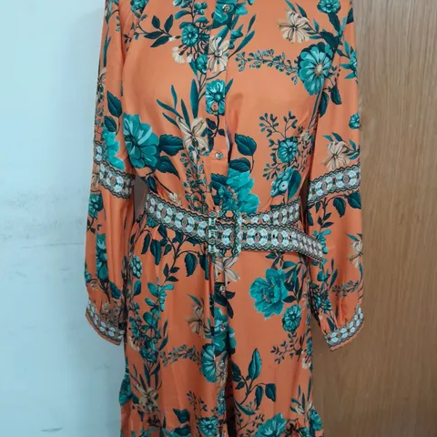 RAISHMA LONDON BUTTON UP BELTED DRESS IN ORANGE MULTI FLORAL SIZE 12
