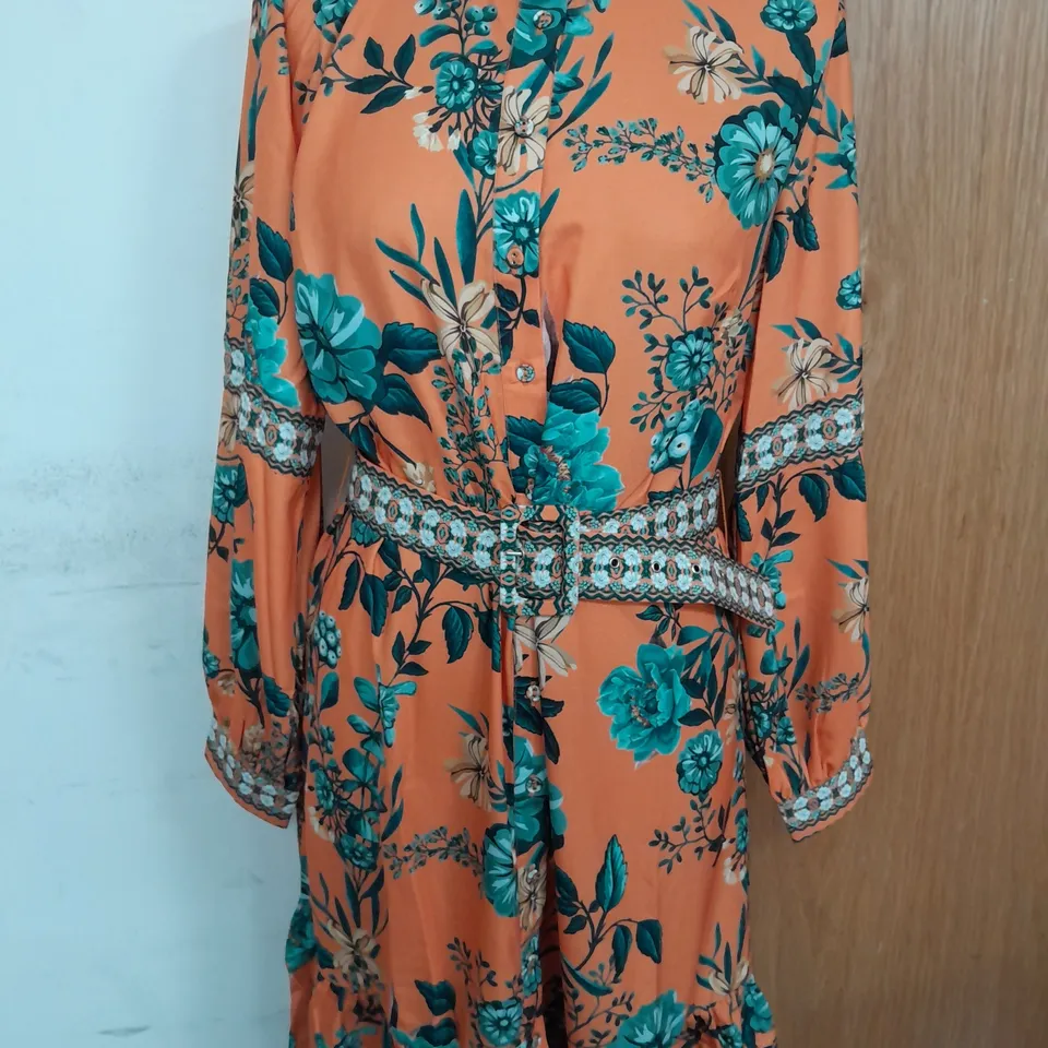 RAISHMA LONDON BUTTON UP BELTED DRESS IN ORANGE MULTI FLORAL SIZE 12