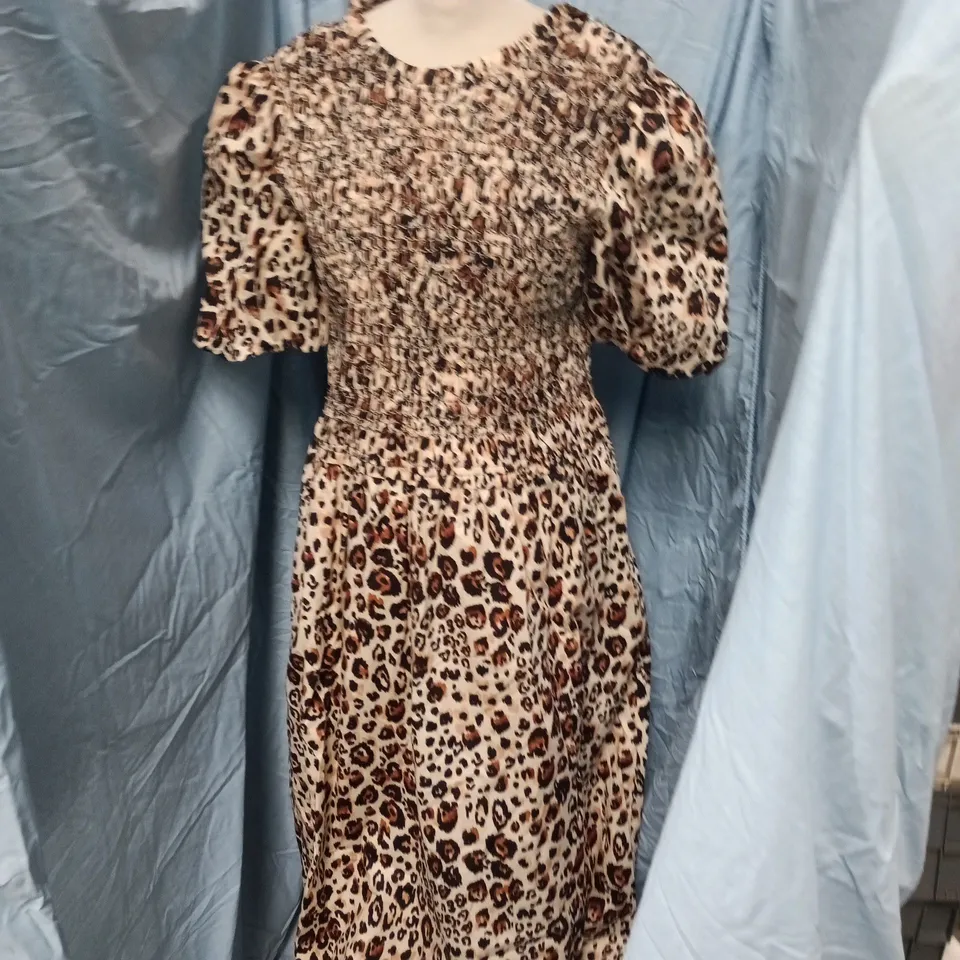 OLIVER BONAS ANIMAL PRINT SMOCK BODICE MIDI DRESS – BROWN, UK 14