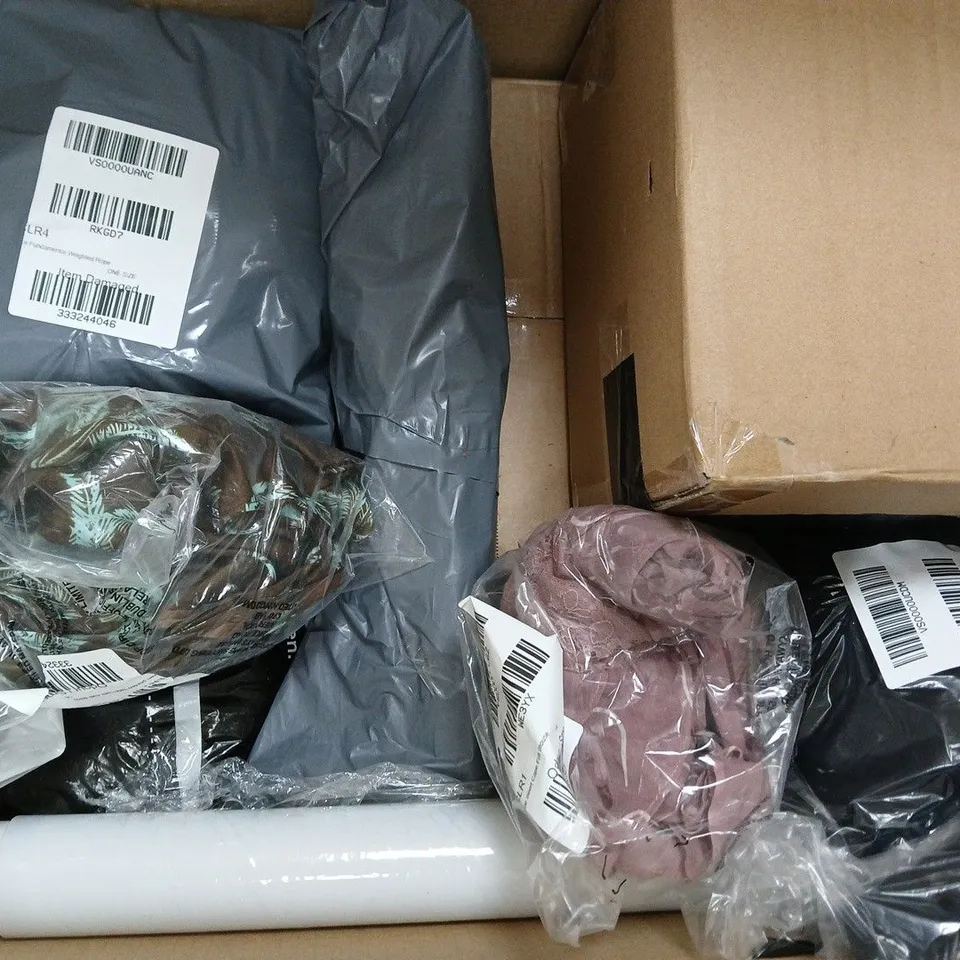 BOX OF APPROXIMATELY 10 ASSORTED HOUSEHOLD ITEMS AND CLOTHING/FASHION PRODUCTS IN VARIOUS COLOURS, STYLES, AND SIZES - COLLECTION ONLY