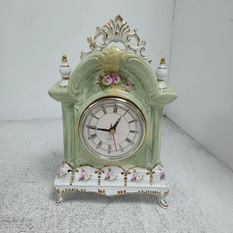 PORCELAIN MANTEL CLOCK WITH FLORAL DECORATION β GREEN GLAZE, QUARTZ