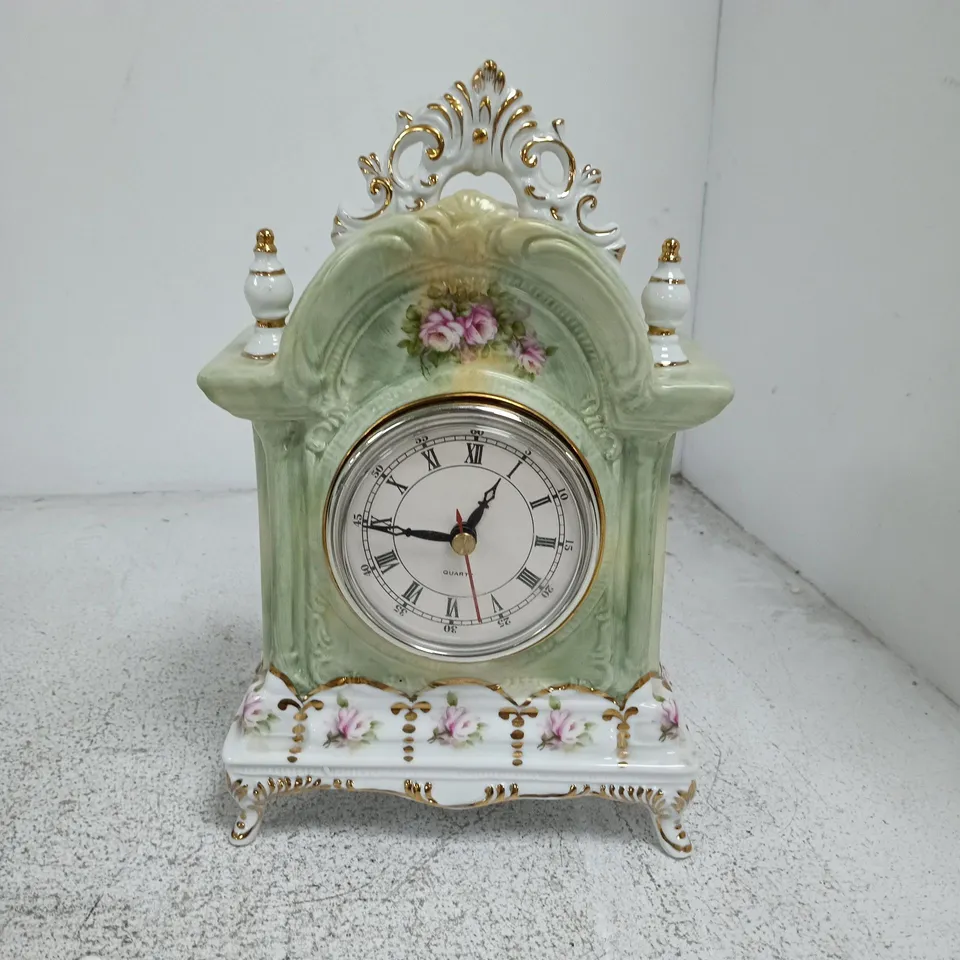 PORCELAIN MANTEL CLOCK WITH FLORAL DECORATION – GREEN GLAZE, QUARTZ