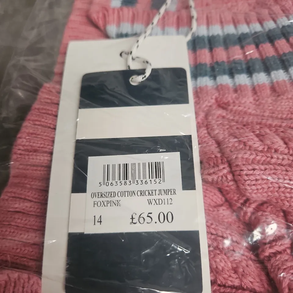 CREW CLOTHING COMPANY FOXPINK OVERSIZED COTTON CRICKET JUMPER – PINK - SIZE UK 14 