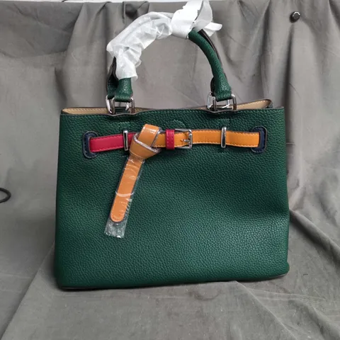 STYLEX ACCESSORIES GREEN LEATHER HANDBAG WITH MULTICOLOUR STRAP DETAIL