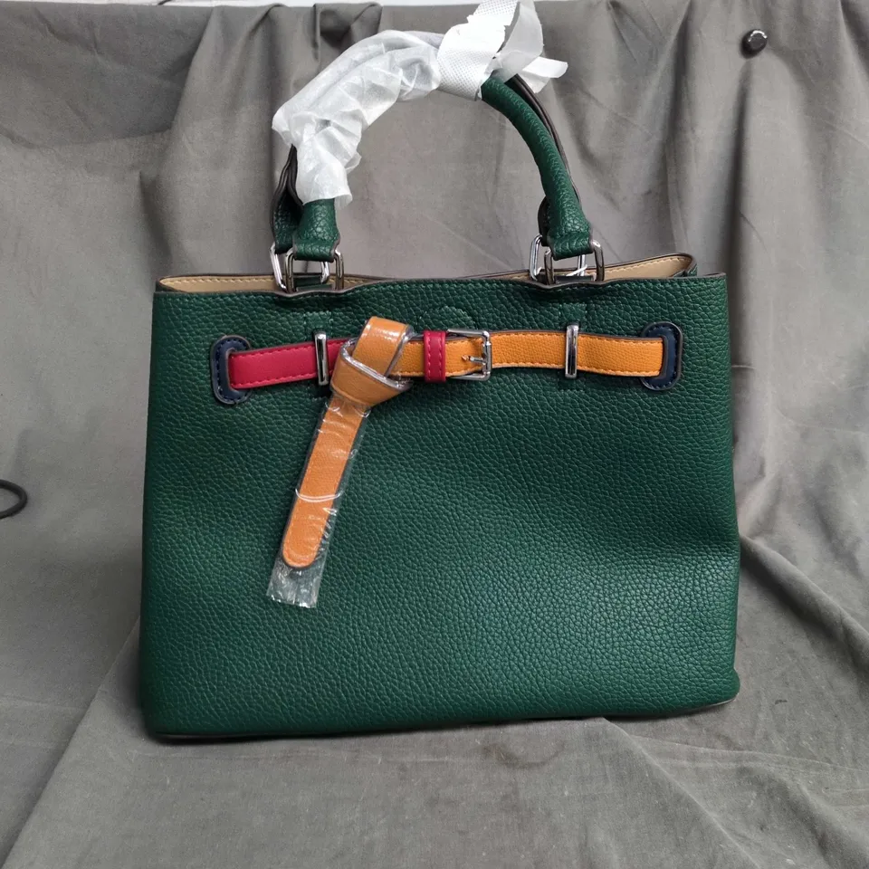 STYLEX ACCESSORIES GREEN LEATHER HANDBAG WITH MULTICOLOUR STRAP DETAIL