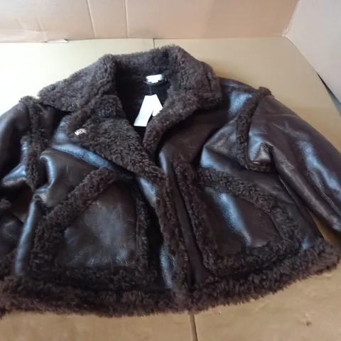 TOPSHOP FAUX LEATHER CROPPED CAR COAT IN CHOCOLATE - UK 14