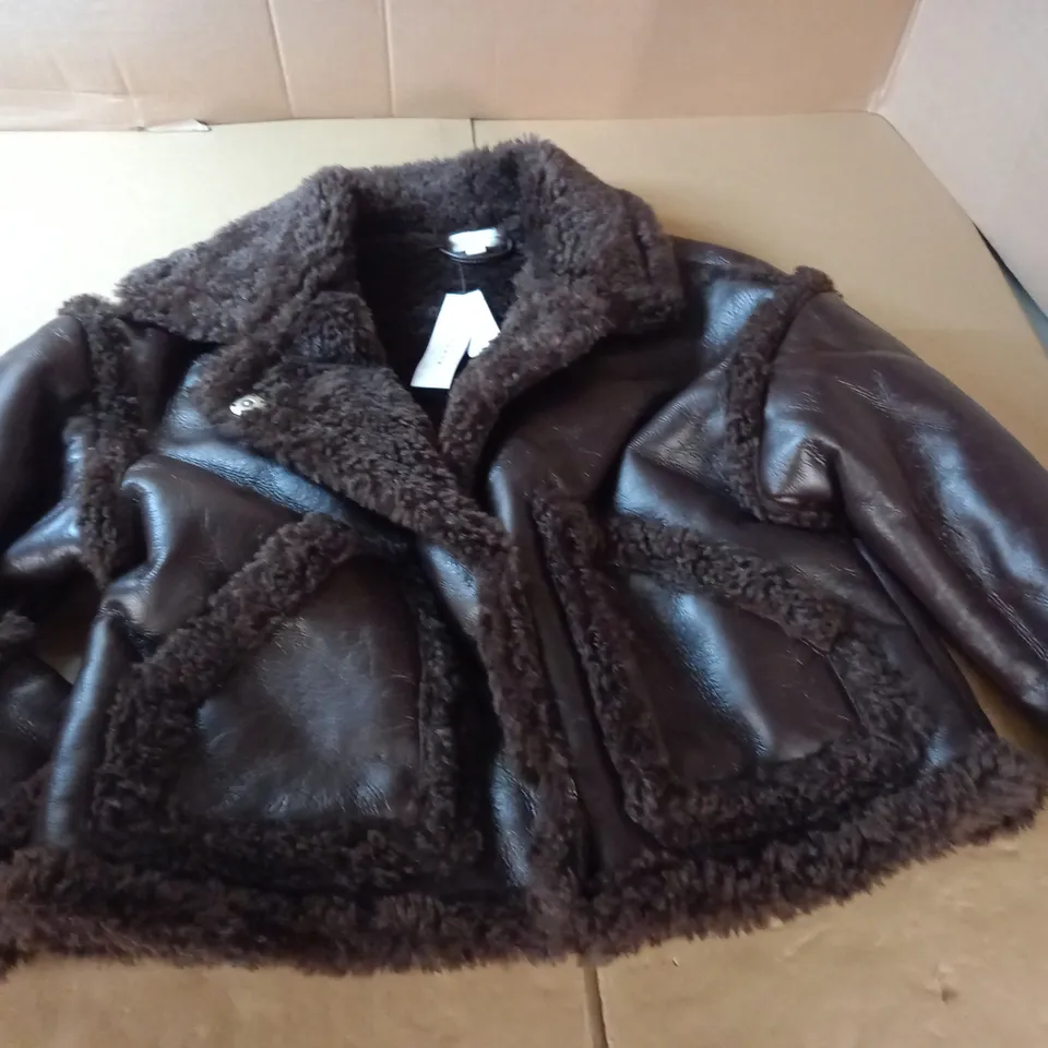 TOPSHOP FAUX LEATHER CROPPED CAR COAT IN CHOCOLATE - UK 14