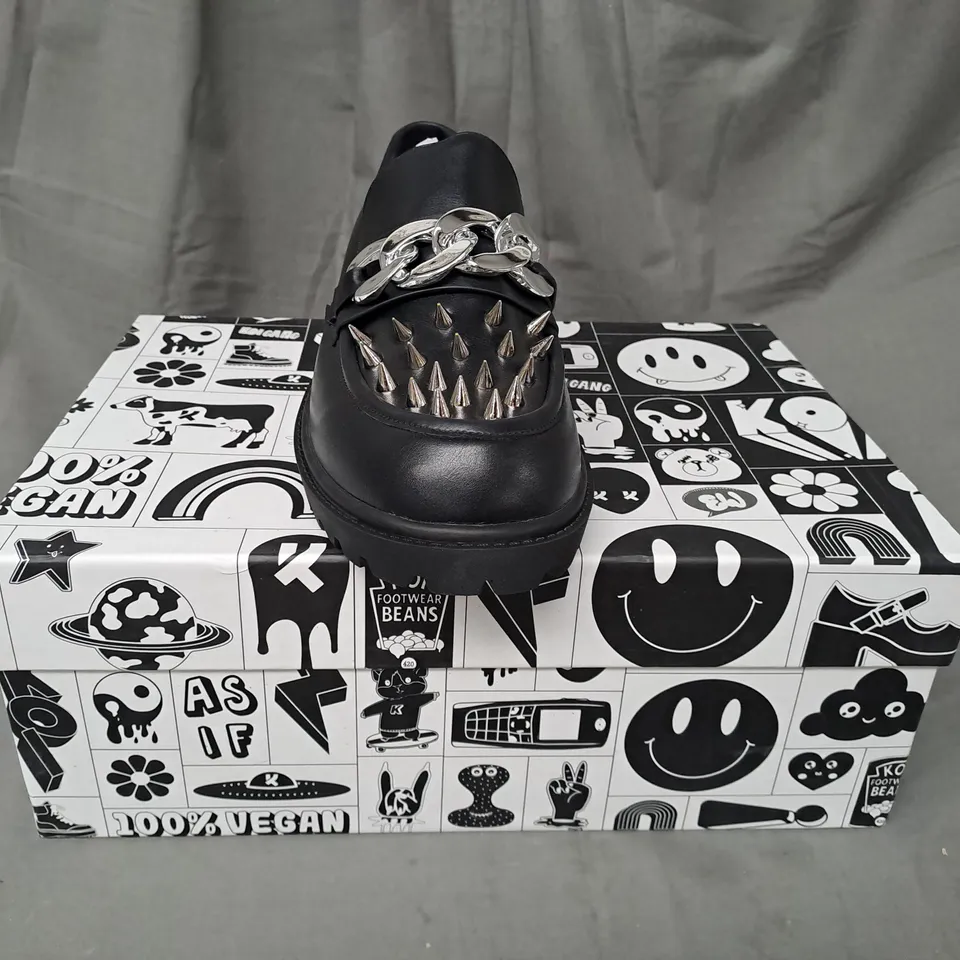 BOXED PAIR OF KOI VEGAN THE GRAVE WARDEN MEN'S SPIKED LOAFERS IN BLACK UK SIZE 10