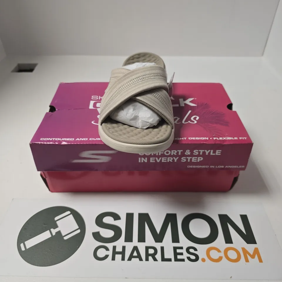 BOXED PAIR OF SKECHERS GO WALK FLEX SANDALS IN TAUPE - UK 5