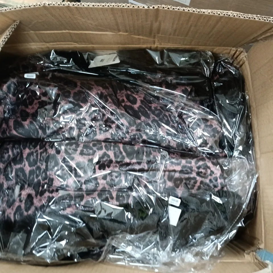 A BOX OF APROXIMATELY 18 LEOPARD PRINT SHAWLS BLACK FAUX FUR TRIM