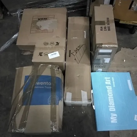 PALLET OF ASSORTED ITEMS INCLUDING NEWENTOR MATTRESS TOPPER, CAMPING COT, MY DIAMOND ART STORAGE BOOK, MYLEK 18" FLOOR FAN, HJXDTECH MODERN WHITE CHANDELIER, TECKIN DIMMABLE LED FLOOR LAMP