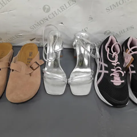 BOX OF APPROXIMATELY 15 ASSORTED PAIRS OF SHOES AND FOOTWEAR ITEMS IN VARIOUS STYLES AND SIZES TO INCLUDE ASICS, IDEAL SHOES, BIRKENSTOCK, ETC