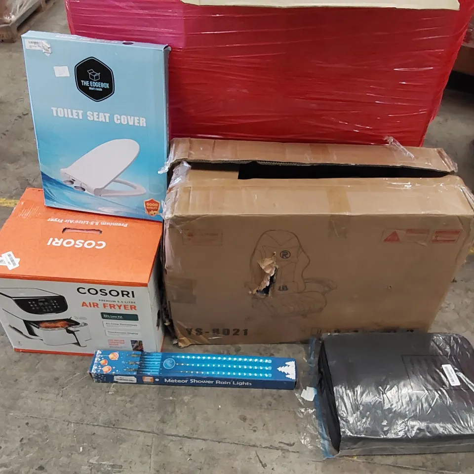 PALLET OF ASSORTED ITEMS INCLUDING: AIR FRYER, GAMING CHAIR, MAKEUP BAG, LED LIGHTS, TOILET SEAT 