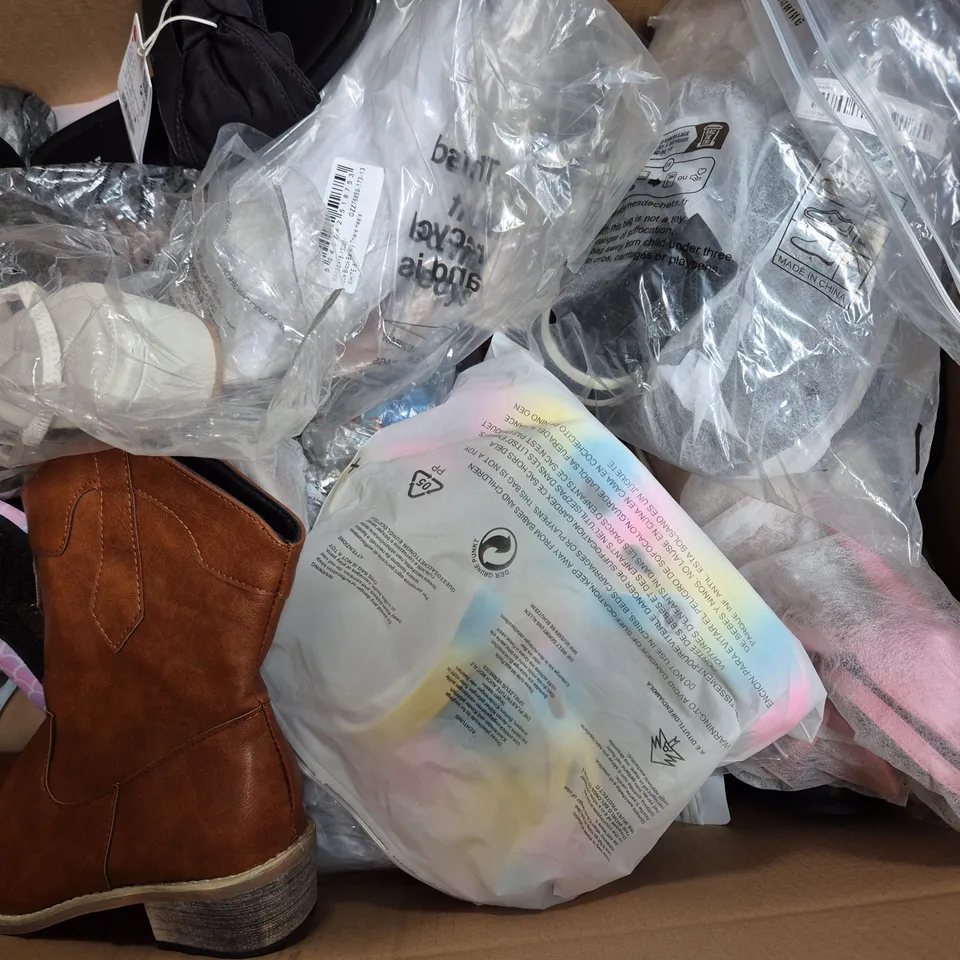 BOX OF APPROXIMATELY 15 ASSORTED SHOES TO INCLUDE BOOTS, SLIPPERS, AND HEELS ETC