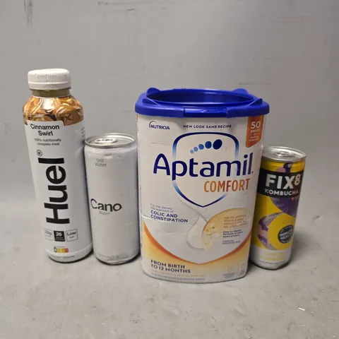 APPROXIMATELY 5 ASSORTED FOOD & DRINK ITEMS TO INCLUDE - APTAMIL COMFORT , FIX8 , HUEL CINNAMON SWIRL ETC