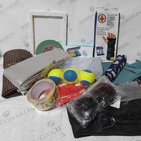 APPROXIMATELY 15 ASSORTED ITEMS TO INCLUDE RADLEY UMBRELLA, WRIST BRACE, HOT WATER BOTTLE, PILL ORGANISER, KONG SQUEAKAIR BALLS ETC.