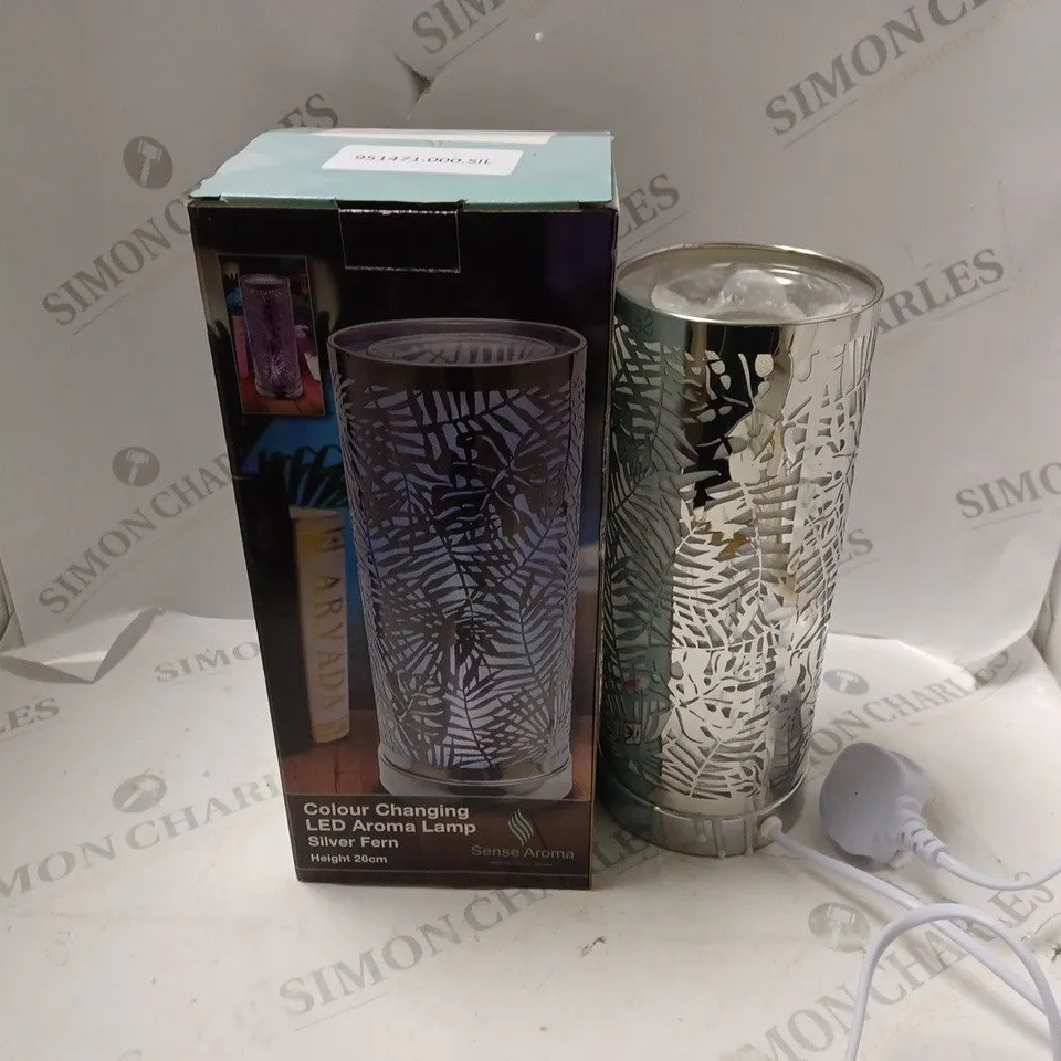 BOXED COLOUR CHANGING LED AROMA LAMP SILVER FERN - 26CM