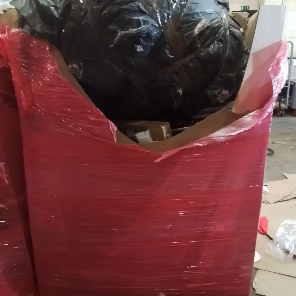 PALLET CONTAINING VARIOUS ASSORTED BOXED HOUSEHOLD ITEMS TO INCLUDE: LARGE THROW, ROCKING DOLLS CRIB, KNITTING MACHINE, ROLLER BLINDS AND LOTS MORE UNMARKED BOXED ITEMS 