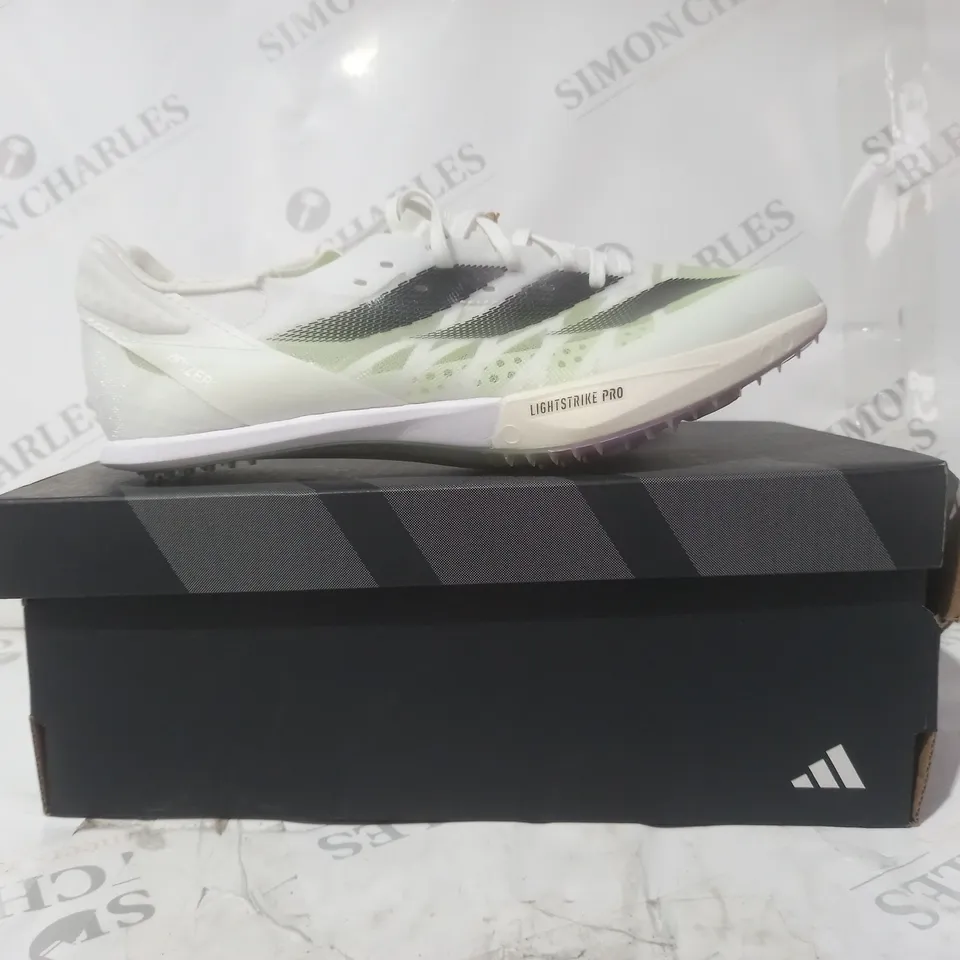BOXED PAIR OF ADIDAS ADIZERO PRIME SP 2 SHOES IN WHITE/GREEN UK SIZE 6