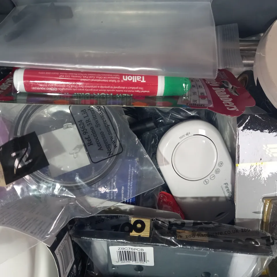 BOX OF APPROXIMATELY 10 ASSORTED HOUSEHOLD ITEMS TO INCLUDE COMBINATION LOCK, BRAKE PADS, ETC