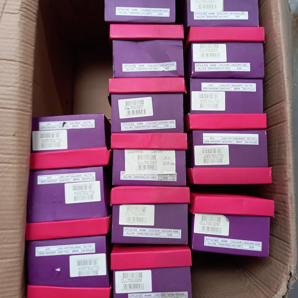 BOX OF 15 PAIRS OF DOLCIS KIRSTEN SLIP ON SHOE IN GLOSSY LIGHT GREY - VARIOUS SIZES