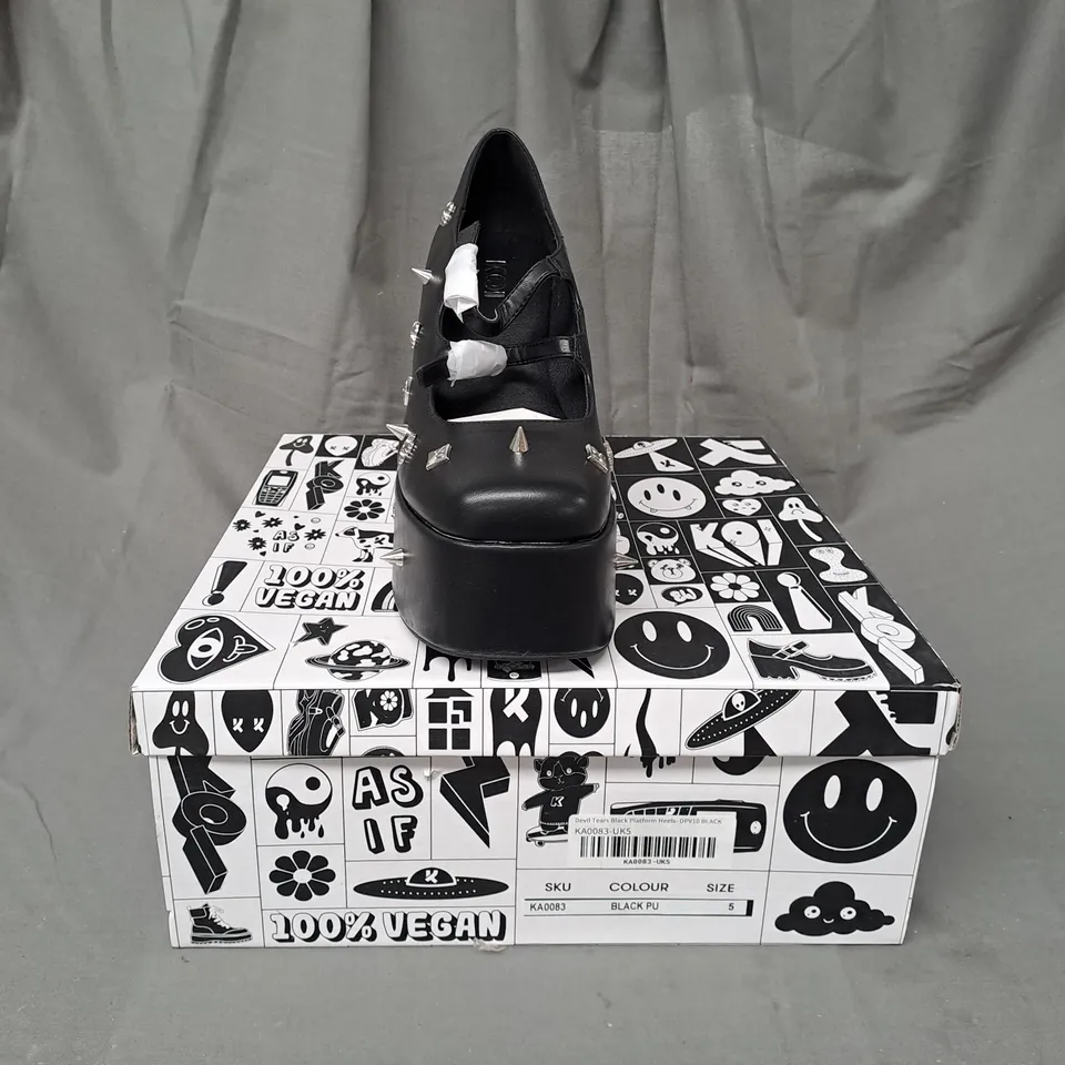 BOXED PAIR OF KOI VEGAN DEVIL TEARS PLATFORM HEELS IN BLACK UK SIZE 5