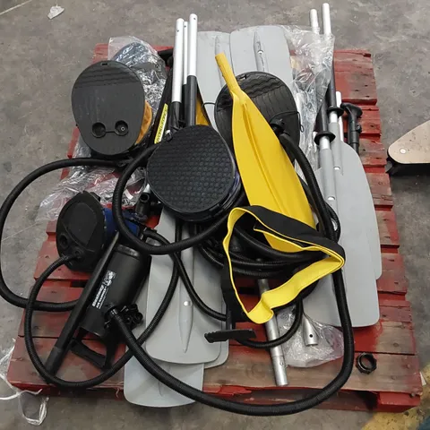 PALLET OF ASSORTED INFLATABLE KAYAK AND PADDLE BOARD EQUIPMENT, INCLUDING: PADDLES AND PUMPS