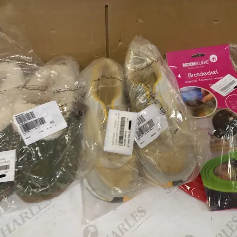 BOX OF APPROXIMATELY 10 ASSORTED HOUSEHOLD ITEMS TO INCLUDE DESIGNER SLIPPERS IN OLIVE UK SIZE 9, VIONIC TRAINERS IN WHITE UK SIZE, KOCHBLUME SMART LID IN RED, ETC