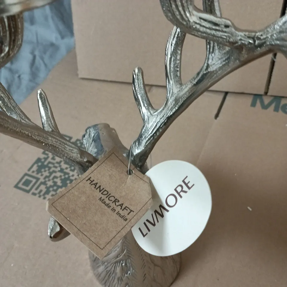 HANDCRAFTED SILVER-TONE ANTLER CANDLESTICK HOLDER, 2 ARMS – MADE IN INDIA