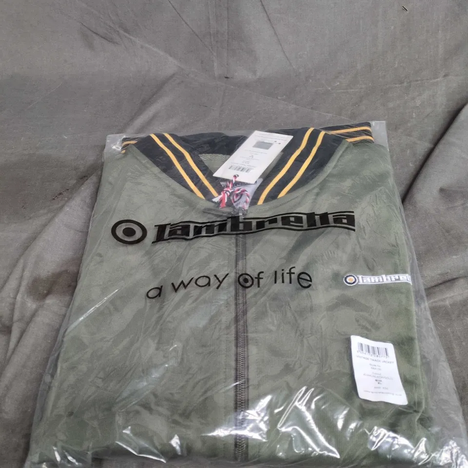 LAMBRETTA VINTAGE TRACK JACKET – KHAKI/BLACK/GOLD – UK XL. BAGGED