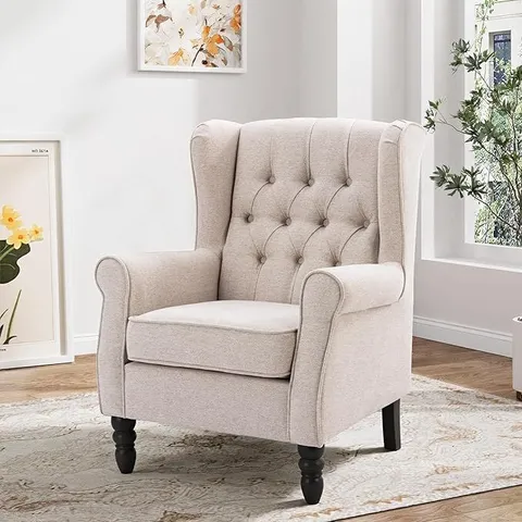BOXED COLAMY MID-CENTURY MODERN LIVING ROOM ACCENT CHAIR, BUTTON TUFTED WINGBACK WITH THICK PADDED SEAT, BEIGE