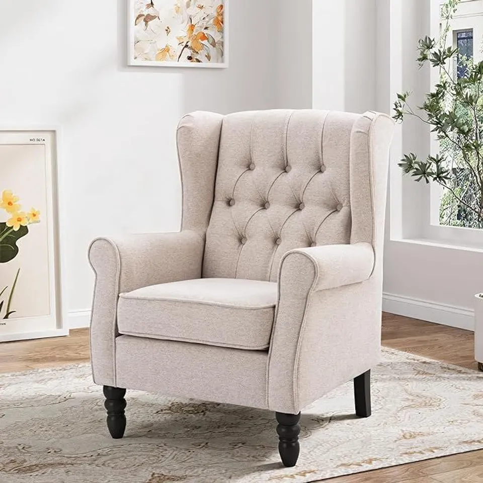 BOXED COLAMY MID-CENTURY MODERN LIVING ROOM ACCENT CHAIR, BUTTON TUFTED WINGBACK WITH THICK PADDED SEAT, BEIGE