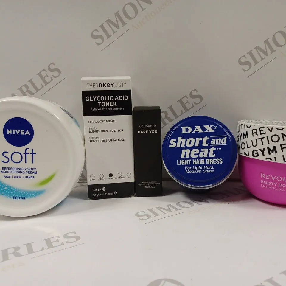BOX OF APPROX 15 ASSORTED HEALTH AND BEAUTY ITEMS TO INCLUDE - NIVEA SOFT - THE 1NKEYLIST GLYCOLIC ACID TONER - DAX SHORT AND NEAT LIGHT HAIR DRESS ECT