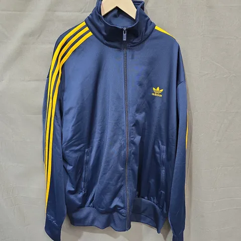 ADIDAS NAVY BLUE TRACK JACKET WITH YELLOW STRIPES – SIZE XL