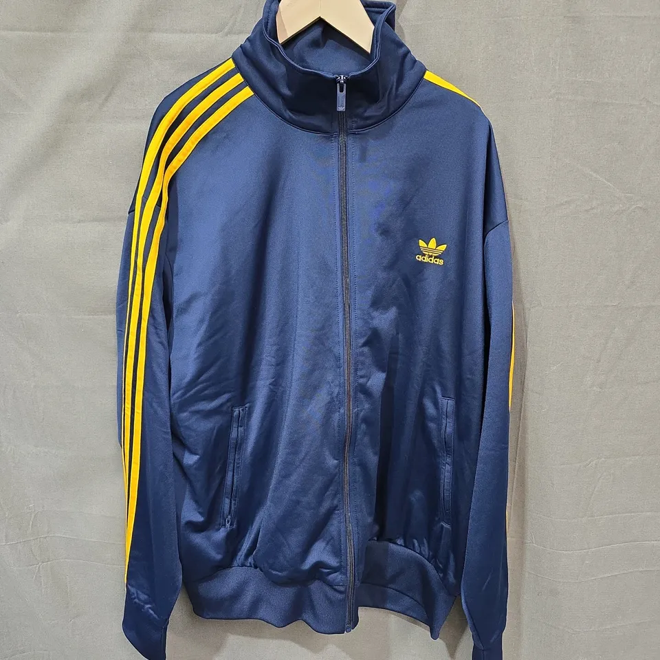 ADIDAS NAVY BLUE TRACK JACKET WITH YELLOW STRIPES – SIZE XL