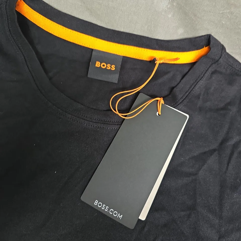HUGO BOSS T-SHIRT – BLACK WITH ORANGE NECK TRIM - LARGE