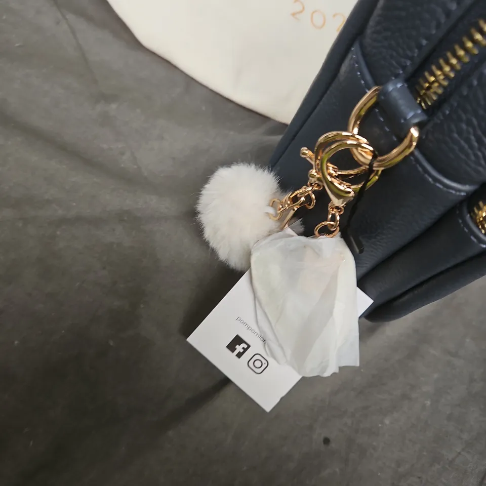 POM POM LONDON BLUE CROSSBODY BAG – PEBBLE-GRAIN TEXTURE WITH GOLD HARDWARE