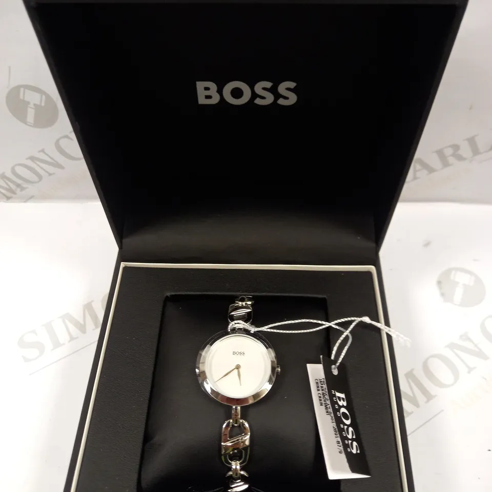 HUGO BOSS LADIES SILVER EFFECT WHITE FACED WATCH 