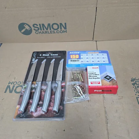 TOTE OF APPROXIMATELY 15 ASSORTED HOUSEHOLD ITEMS TO INCLUDE STEAK KNIVES, PEST REPELLER, BOJACK 150 PIECES ETC