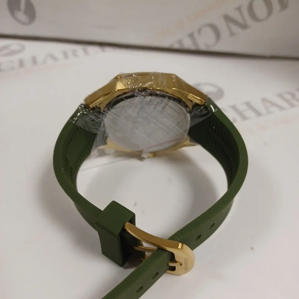 MENS LOUIS LACOMBE CHRONGRAPH WATCH – 3 SUB DIALS – GOLD COLOUR CASE – GREEN RUBBER STRAP