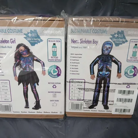 LOT OF 7 BOXED NEON SKELETON BOY + GIRLS COSTUMES - VARIOUS SIZES